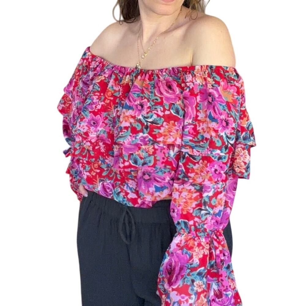 Forever 21 Off-Shoulder Ruffle Floral Crop Top Red Pink Small Boho Romantic